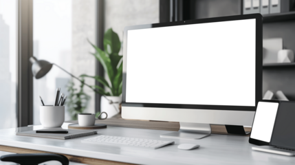 Modern designer desktop with blank screen computer, supplies and coffee cup. Mockup