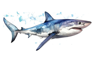 Watercolor Illustration Of A Large Shark Isolated On A White Background