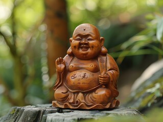 A wooden statue of a Buddha with a smiling face and a white robe. The statue is holding a white stick in its right hand. The statue is sitting on a log in a forest