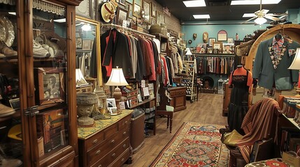 Art deco thrift shop, featuring 1920s and 1930s decor items and fashion, elegant and nostalgic atmosphere, --ar 16:9