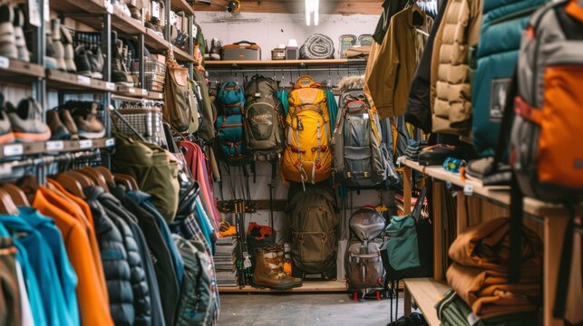 Adventure gear thrift shop near a national park, offering hiking boots, backpacks, and camping equipment, nature-oriented, --ar 16:9