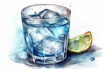 Watercolor Drawing Of Fresh Lemon Water In A Glass - obrazy, fototapety, plakaty