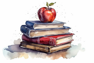 Watercolor Drawing Of A Pile Of Books With An Apple On Top, Symbolizing Knowledge