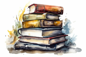 Watercolor Drawing Of A Pile Of School Books