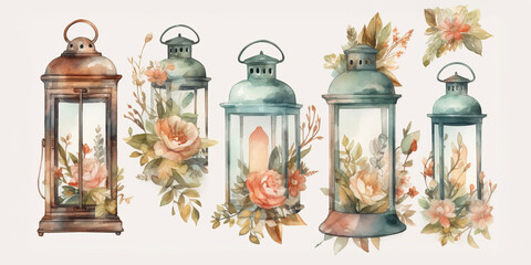 Watercolor Drawing Of Old-Fashioned Lanterns With Flowers Inside