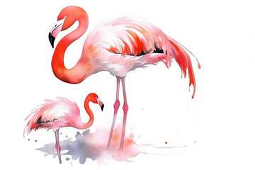 Watercolor Drawing Of A Pink Flamingo And Its Baby On A White Background