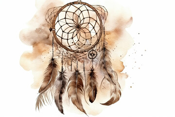 Boho-Style Dreamcatcher With Feathers Watercolor Illustration