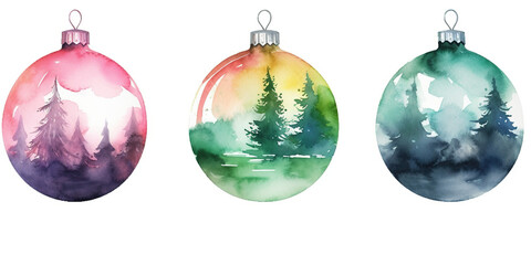 Watercolor Drawing Of Vibrant New Year Tree Ornaments