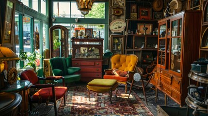 Artistic thrift shop with handmade crafts and vintage furniture, gallery-style display, --ar 16:9