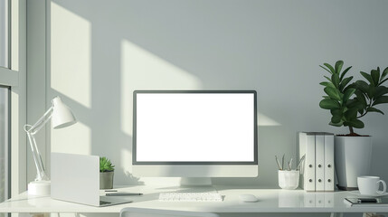 Modern designer desktop with blank screen computer, supplies and coffee cup. Mockup