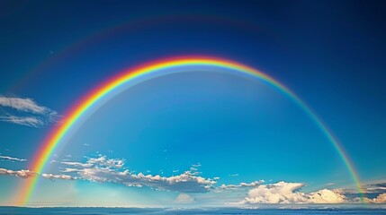 A rainbow is seen in the sky above a blue sky. The rainbow is very large and spans the entire sky