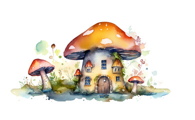 magical fabulous Mushroom House from storytale, watercolor painting , generative AI