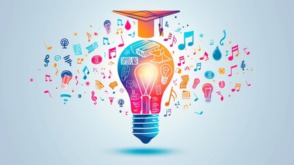 Education and Learning: A 3D vector illustration of a lightbulb with a graduation cap - obrazy, fototapety, plakaty