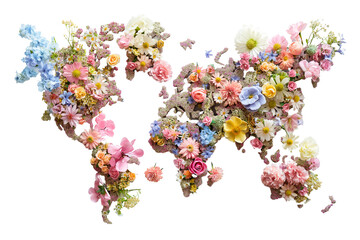 Colorful flowers in the shape of a world map on a transparent background