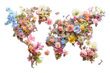 Colorful flowers in the shape of a world map on a transparent background