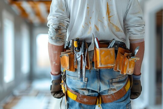 An image of a builder standing confidently with a fully equipped tool belt at a construction site demonstrating preparedness