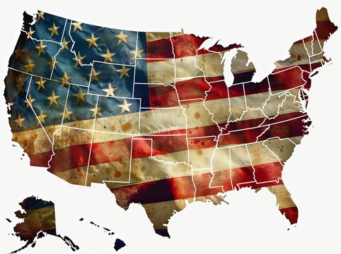A map of the United States with the American flag in the center
