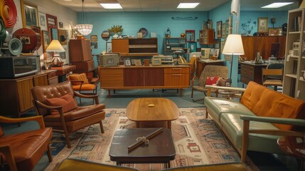 Corner thrift shop featuring mid-century modern furniture and retro home appliances, --ar 16:9