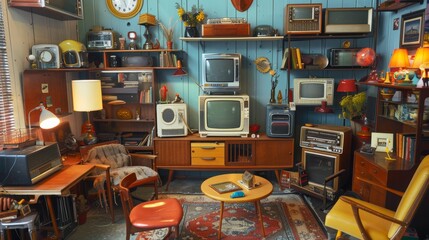 Corner thrift shop featuring mid-century modern furniture and retro home appliances, --ar 16:9