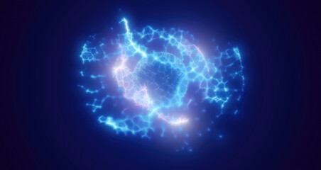 Blue energy magic circle, sphere, ball made of futuristic waves and lines of particles of atomic energy and electricity force field. Abstract background