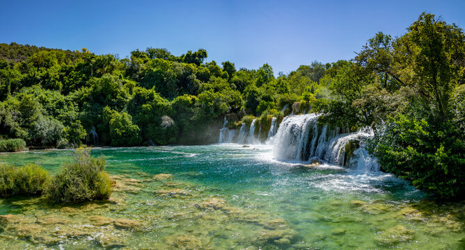Beautiful landscape in the Krka National Park in Croatia. Natural Waterfalls. Natural wonders