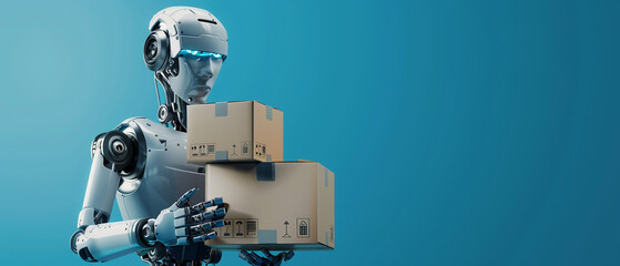 delivery AI robot with a package holding box isolated on a color background.