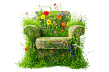 Fresh green armchair with colourful flowers on a transparent background. Creative composition
