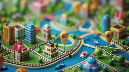 Event Planning: A 3D vector illustration of a map with pins indicating various venues and logistics