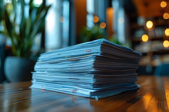 A neat stack of blue papers sits on a wooden surface with blurred background of a cafe setting - Powered by Adobe
