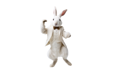 White rabbit jumping and dancing. isolated on a transparent background.