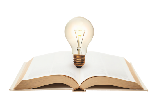 Open a book with a light bulb on a transparent background