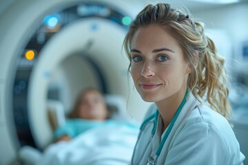 A female radiology technician smiling at the camera with her patient in a CT scan room