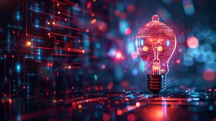 Technology and Innovation: A 3D vector illustration of a lightbulb emitting digital information - obrazy, fototapety, plakaty