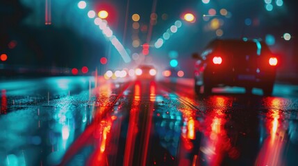 A car driving down a wet street at night, suitable for transportation concepts