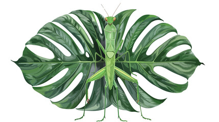 Fototapeta na wymiar Top view of a mantis on monstera leaf isolated illustration