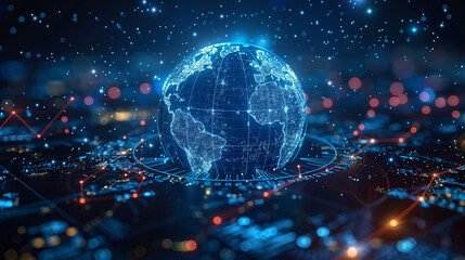 The digital world globe centered on the USA, the concept of global network and connectivity on Earth, data transfer and cyber technology, information exchange, and international telecommunication. - obrazy, fototapety, plakaty