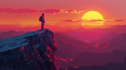 Travel and Exploration: A 3D vector illustration of a traveler standing on a cliff - obrazy, fototapety, plakaty
