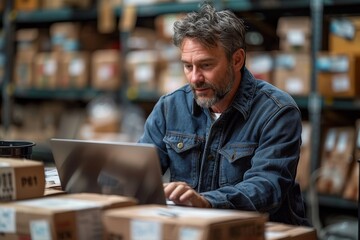 Obraz premium A mature businessman attentively works on a laptop among boxes in a warehouse setting