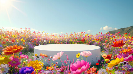 white circular podium with flowers in the field