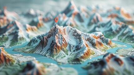 Travel Destination: A 3D vector illustration of a map with a pin highlighting a mountainous travel destination - obrazy, fototapety, plakaty