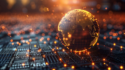 The digital world globe centered on the USA, the concept of global network and connectivity on Earth, data transfer and cyber technology, information exchange, and international telecommunication.