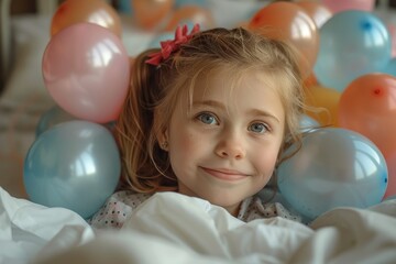 Fototapeta na wymiar A young girl lies surrounded by colorful balloons, conveying a sense of joy and celebration