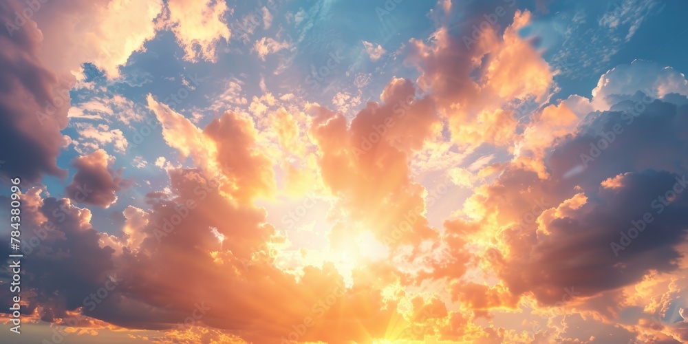 Poster sun shining brightly through clouds, ideal for weather or nature concepts