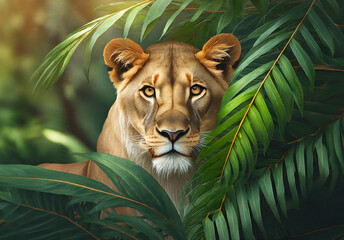 Lioness in tropical leaves portrait, elegant tropical animal, wild rainforest animal portrait