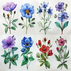 Various watercolor botanical illustrations of leaves and flowers. Hand-painted natural objects on white backgrounds.
