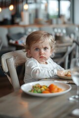 A little girl sitting at a table with a plate of food. Suitable for food and family themes