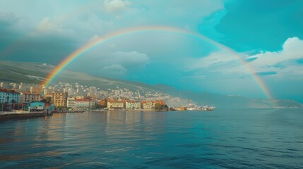 Fototapeta na wymiar Colorful rainbow over a city skyline, perfect for urban landscapes