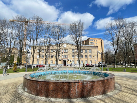 Balashikha, Moscow region, Russia, April, 13, 2024. Fountain in front of the City hall of Balashikha city district. Moscow regiom