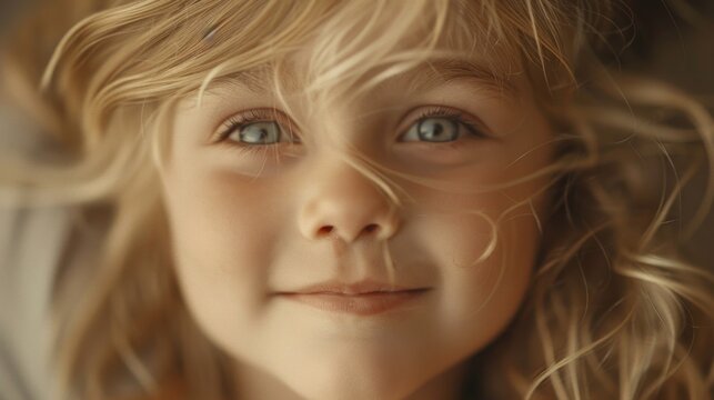 A close-up image of a child with blonde hair. Perfect for family and parenting themes