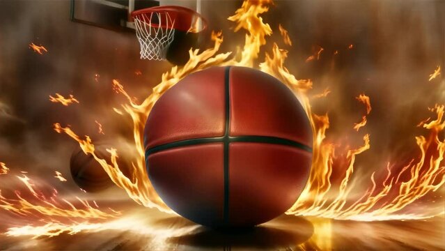 A dynamic image capturing a basketball engulfed in flames as it speeds across a wooden court floor towards the hoop.